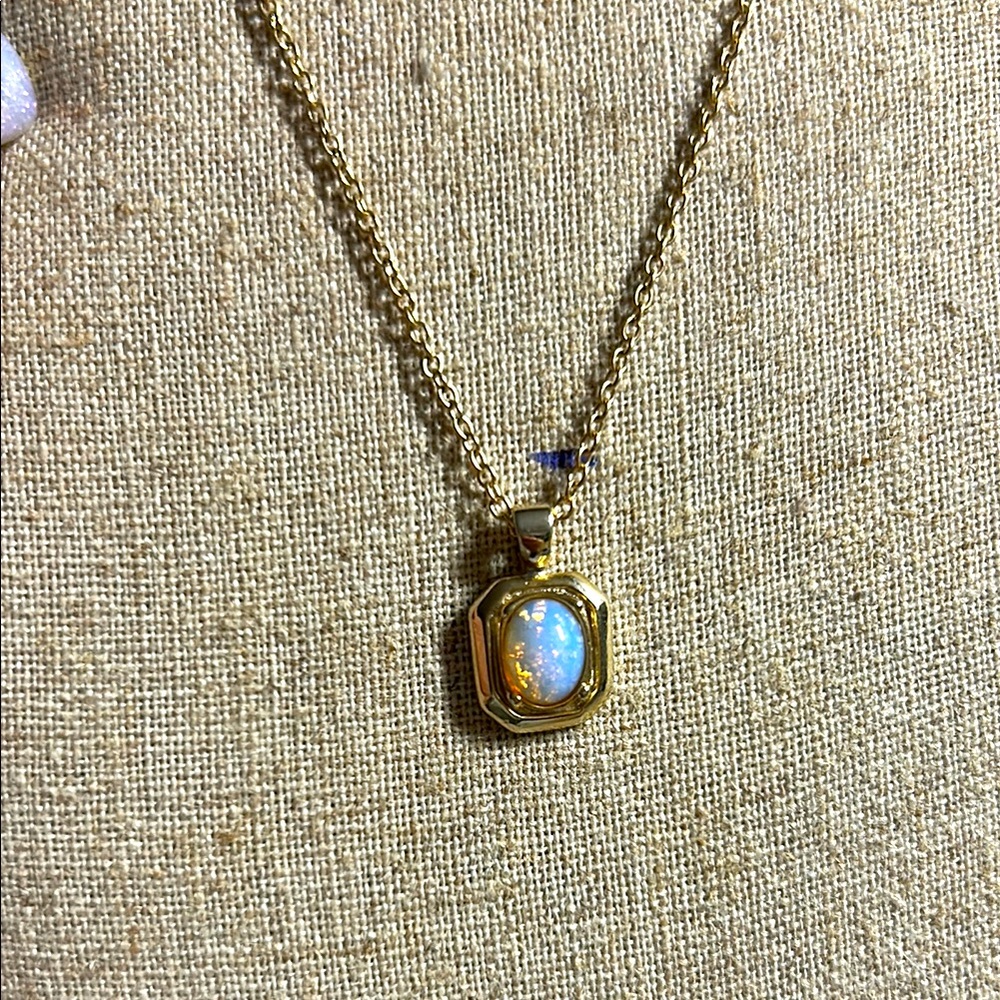 Small Opal Pendant gold tone setting and‎ bell 20 inch chain